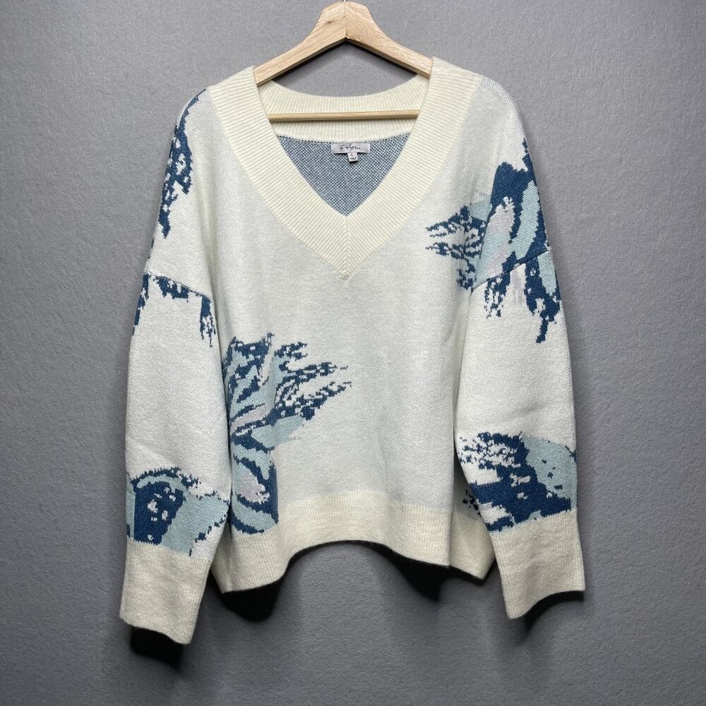 Polagram Womens Large Knit Sweater Floral Pattern V-Neck Long Sleeve Ivory Blue